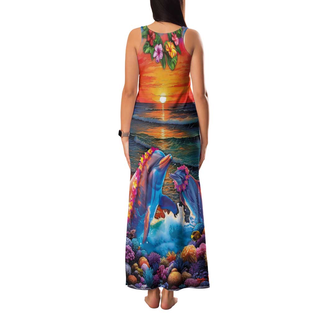 Hawaiian Lei Day Family Matching Tank Maxi Dress and Hawaiian Shirt Dolphins with Colorful Corals and Romantic Sunset LT03 - Polynesian Pride