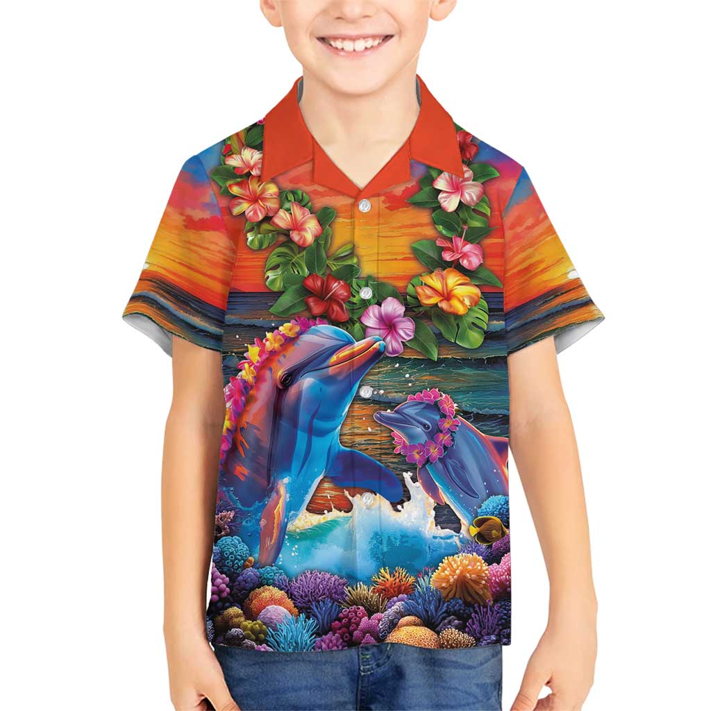 Hawaiian Lei Day Family Matching Tank Maxi Dress and Hawaiian Shirt Dolphins with Colorful Corals and Romantic Sunset LT03 Son's Shirt Orange - Polynesian Pride