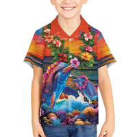 Hawaiian Lei Day Family Matching Tank Maxi Dress and Hawaiian Shirt Dolphins with Colorful Corals and Romantic Sunset LT03 Son's Shirt Orange - Polynesian Pride