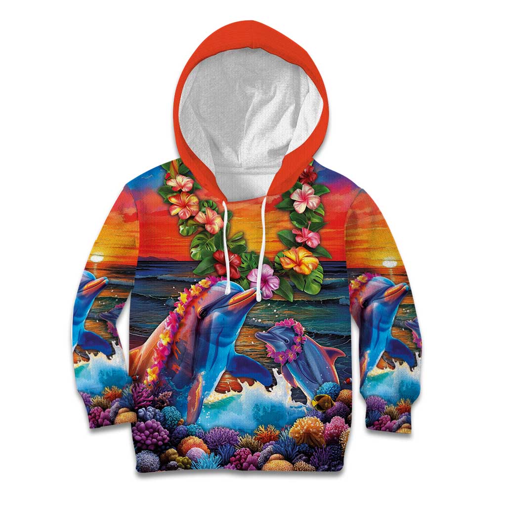 Hawaiian Lei Day Kid Hoodie Dolphins with Colorful Corals and Romantic Sunset LT03 Hoodie Orange - Polynesian Pride