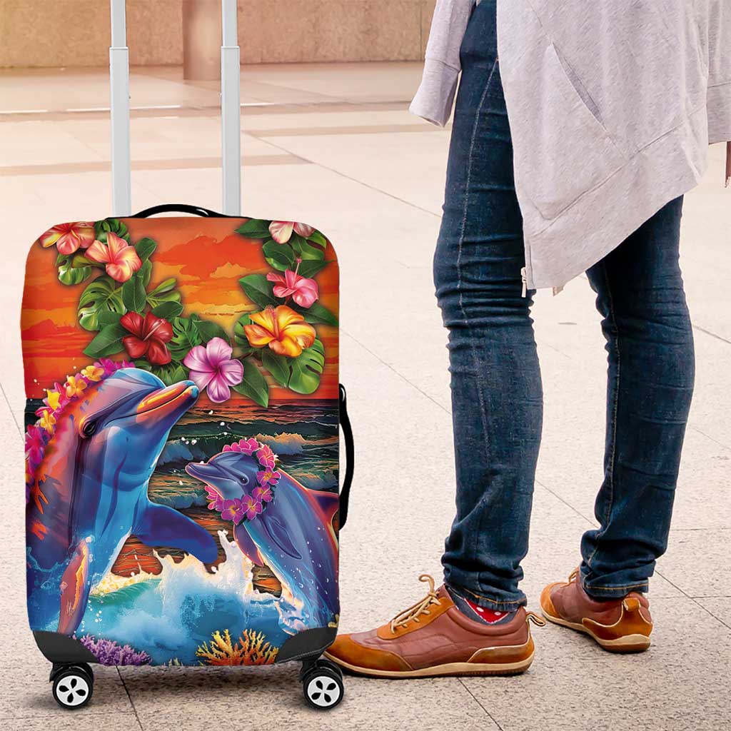 Hawaiian Lei Day Luggage Cover Dolphins with Colorful Corals and Romantic Sunset LT03 Orange - Polynesian Pride
