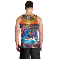 Hawaiian Lei Day Men Tank Top Dolphins with Colorful Corals and Romantic Sunset