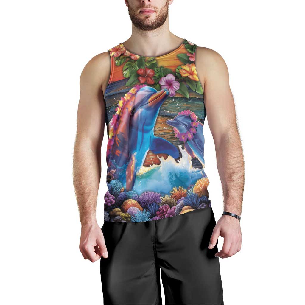 Hawaiian Lei Day Men Tank Top Dolphins with Colorful Corals and Romantic Sunset