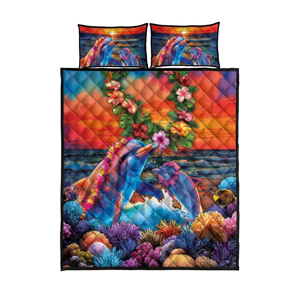 Hawaiian Lei Day Quilt Bed Set Dolphins with Colorful Corals and Romantic Sunset