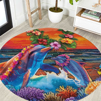 Hawaiian Lei Day Round Carpet Dolphins with Colorful Corals and Romantic Sunset