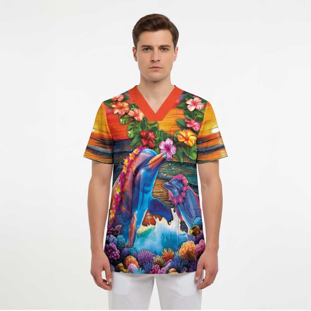 Hawaiian Lei Day Scrub Top Dolphins with Colorful Corals and Romantic Sunset - Polynesian Pride