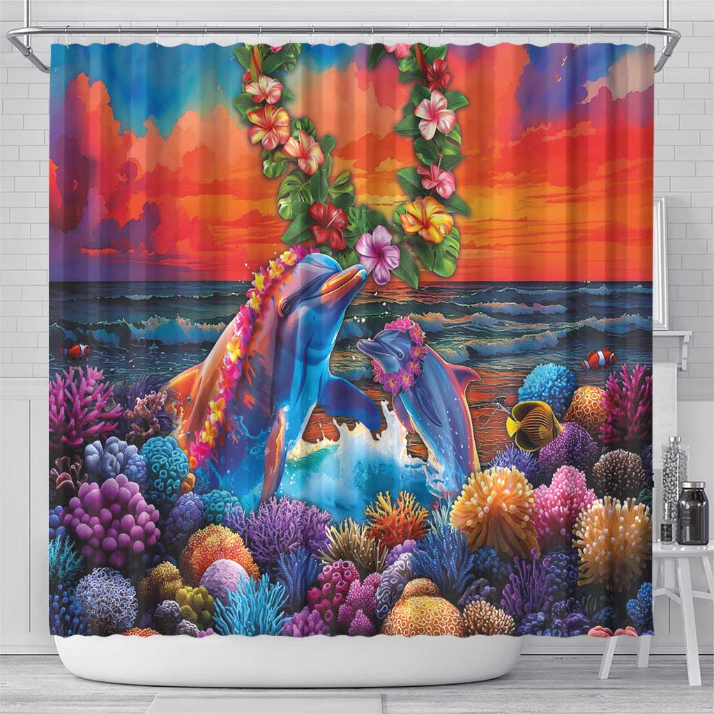 Hawaiian Lei Day Shower Curtain Dolphins with Colorful Corals and Romantic Sunset LT03 - Polynesian Pride