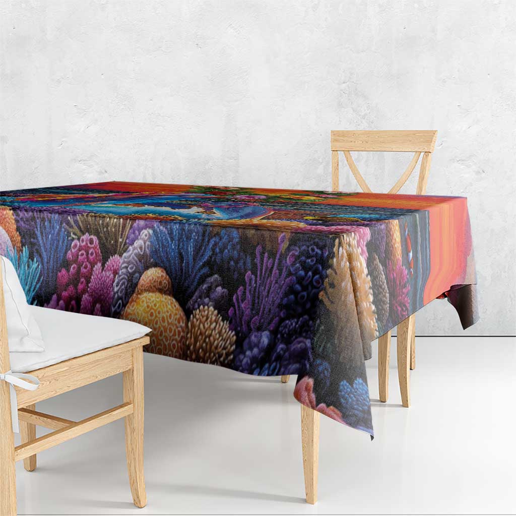 Hawaiian Lei Day Tablecloth Dolphins with Colorful Corals and Romantic Sunset