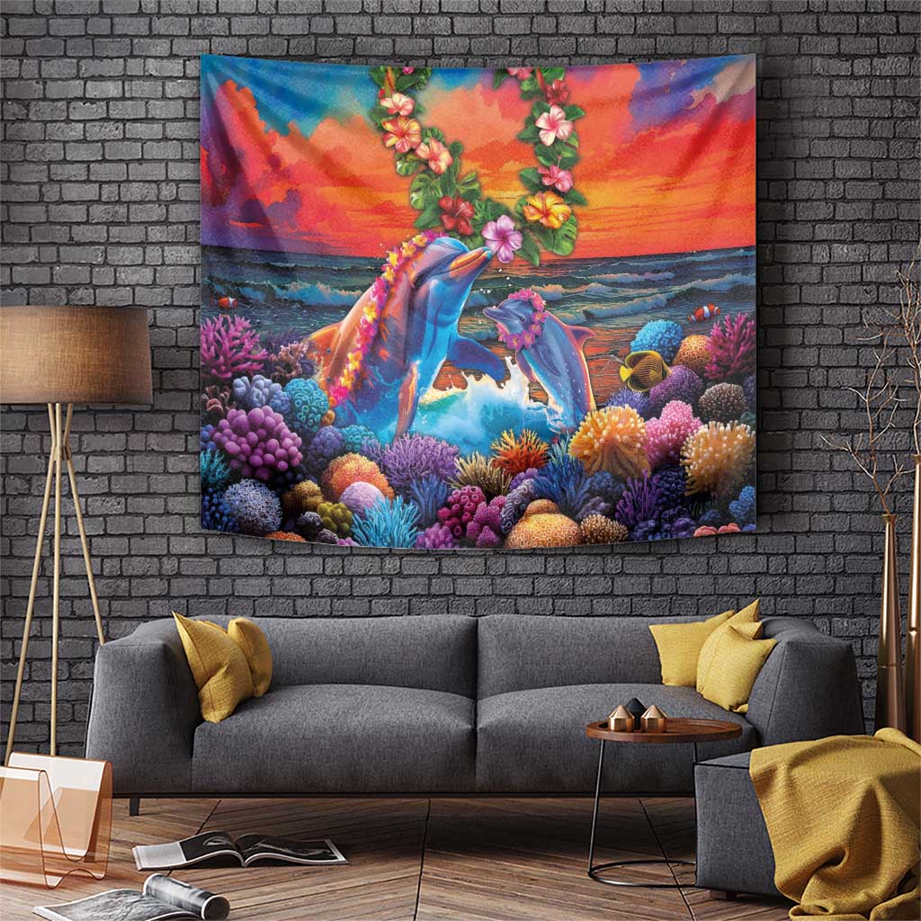 Hawaiian Lei Day Tapestry Dolphins with Colorful Corals and Romantic Sunset LT03 Orange - Polynesian Pride