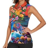 Hawaiian Lei Day Women Sleeveless Polo Shirt Dolphins with Colorful Corals and Romantic Sunset