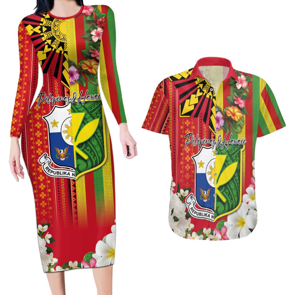 Personalised Hawaii and Philippines Together Couples Matching Long Sleeve Bodycon Dress and Hawaiian Shirt The Emblems with Cultural Symbols Green-Yellow-Red Tricolor LT03 Art - Polynesian Pride