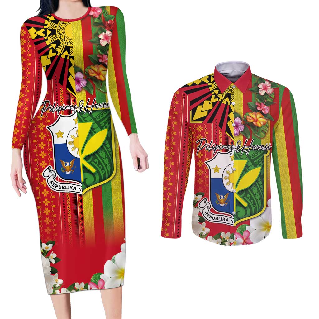 Personalised Hawaii and Philippines Together Couples Matching Long Sleeve Bodycon Dress and Long Sleeve Button Shirt The Emblems with Cultural Symbols Green-Yellow-Red Tricolor LT03 Art - Polynesian Pride