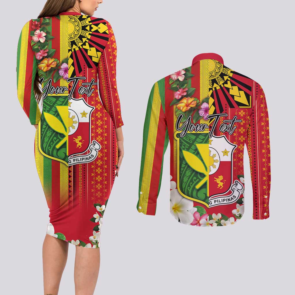 Personalised Hawaii and Philippines Together Couples Matching Long Sleeve Bodycon Dress and Long Sleeve Button Shirt The Emblems with Cultural Symbols Green-Yellow-Red Tricolor LT03 - Polynesian Pride