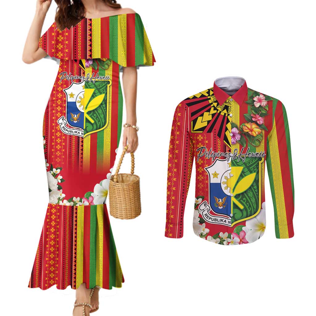 Personalised Hawaii and Philippines Together Couples Matching Mermaid Dress and Long Sleeve Button Shirt The Emblems with Cultural Symbols Green-Yellow-Red Tricolor LT03 Art - Polynesian Pride