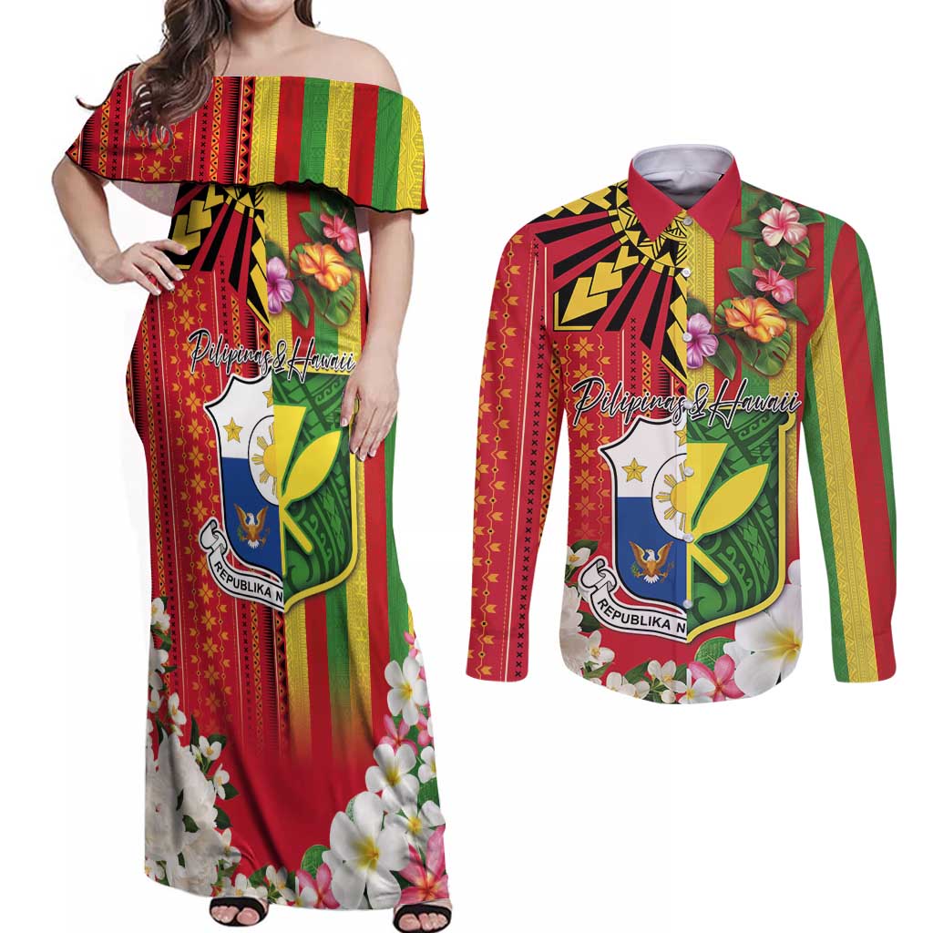 Personalised Hawaii and Philippines Together Couples Matching Off Shoulder Maxi Dress and Long Sleeve Button Shirt The Emblems with Cultural Symbols Green-Yellow-Red Tricolor LT03 Art - Polynesian Pride