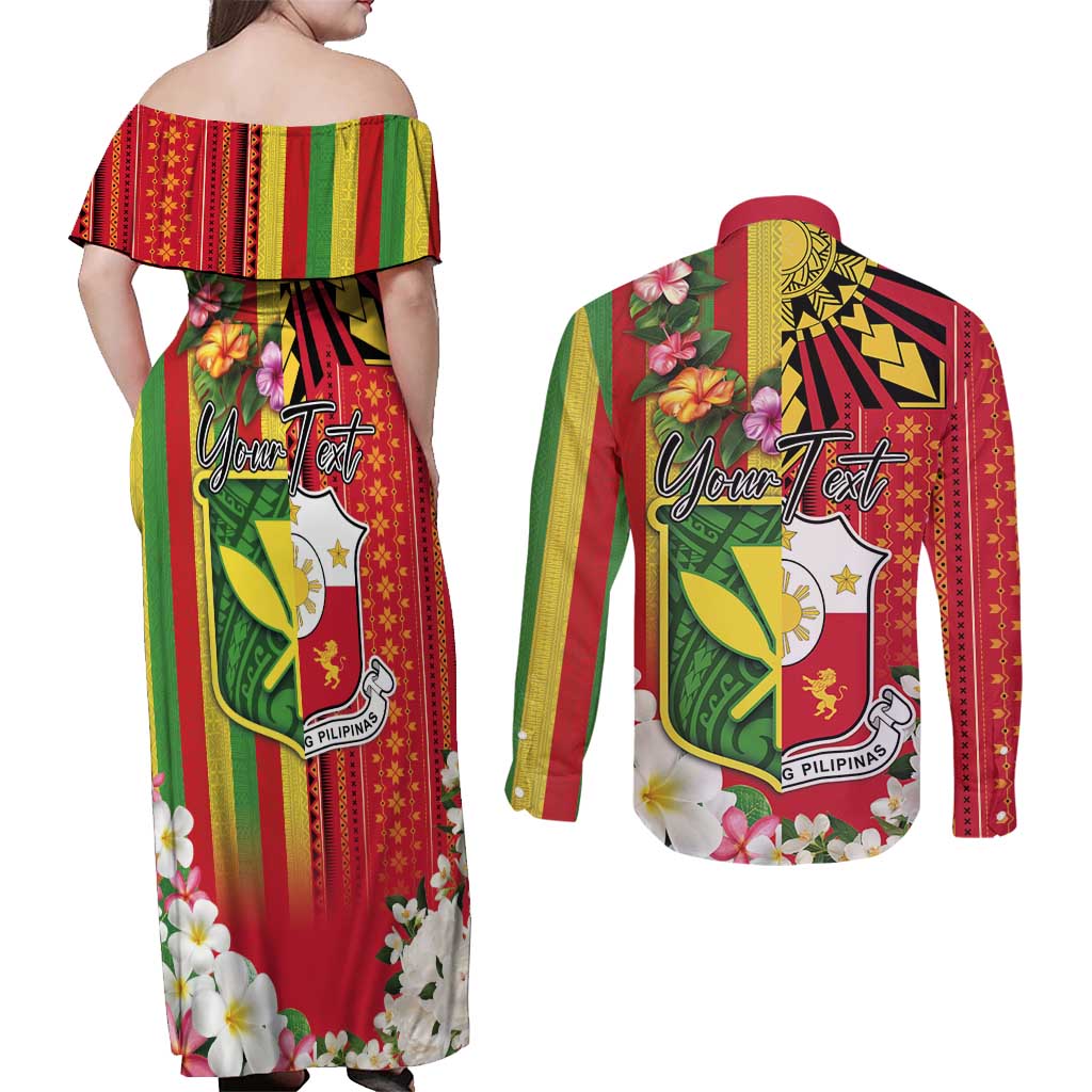 Personalised Hawaii and Philippines Together Couples Matching Off Shoulder Maxi Dress and Long Sleeve Button Shirt The Emblems with Cultural Symbols Green-Yellow-Red Tricolor LT03 - Polynesian Pride
