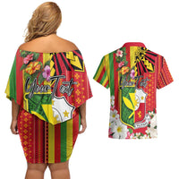 Personalised Hawaii and Philippines Together Couples Matching Off Shoulder Short Dress and Hawaiian Shirt The Emblems with Cultural Symbols Green-Yellow-Red Tricolor LT03 - Polynesian Pride