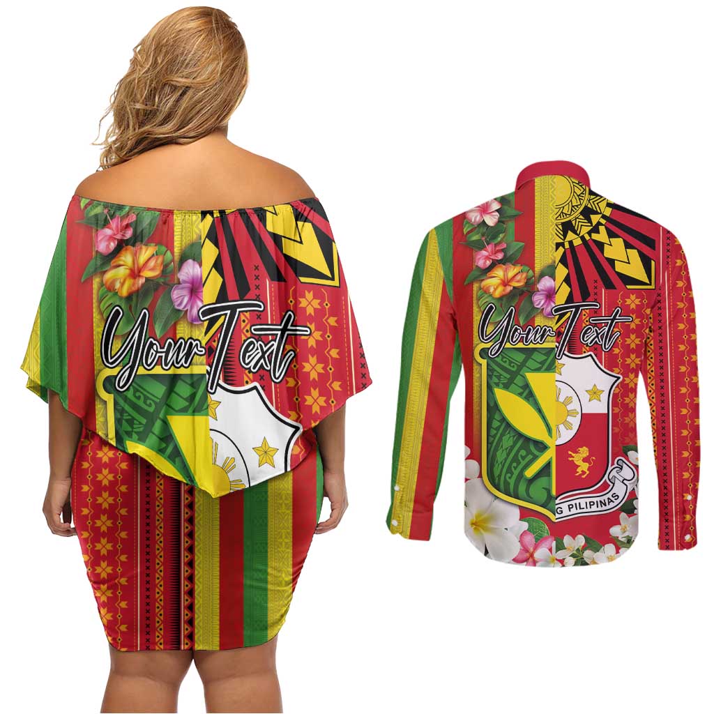 Personalised Hawaii and Philippines Together Couples Matching Off Shoulder Short Dress and Long Sleeve Button Shirt The Emblems with Cultural Symbols Green-Yellow-Red Tricolor LT03 - Polynesian Pride