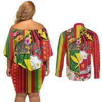 Personalised Hawaii and Philippines Together Couples Matching Off Shoulder Short Dress and Long Sleeve Button Shirt The Emblems with Cultural Symbols Green-Yellow-Red Tricolor LT03 - Polynesian Pride