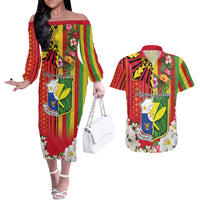 Personalised Hawaii and Philippines Together Couples Matching Off The Shoulder Long Sleeve Dress and Hawaiian Shirt The Emblems with Cultural Symbols Green-Yellow-Red Tricolor LT03 Art - Polynesian Pride