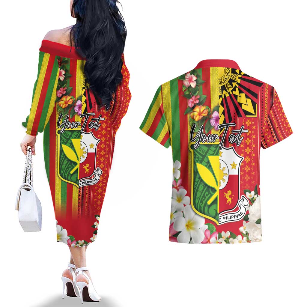 Personalised Hawaii and Philippines Together Couples Matching Off The Shoulder Long Sleeve Dress and Hawaiian Shirt The Emblems with Cultural Symbols Green-Yellow-Red Tricolor LT03 - Polynesian Pride