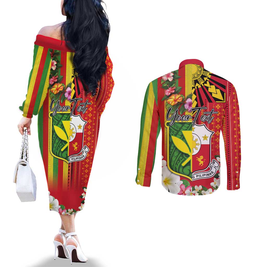 Personalised Hawaii and Philippines Together Couples Matching Off The Shoulder Long Sleeve Dress and Long Sleeve Button Shirt The Emblems with Cultural Symbols Green-Yellow-Red Tricolor LT03 - Polynesian Pride