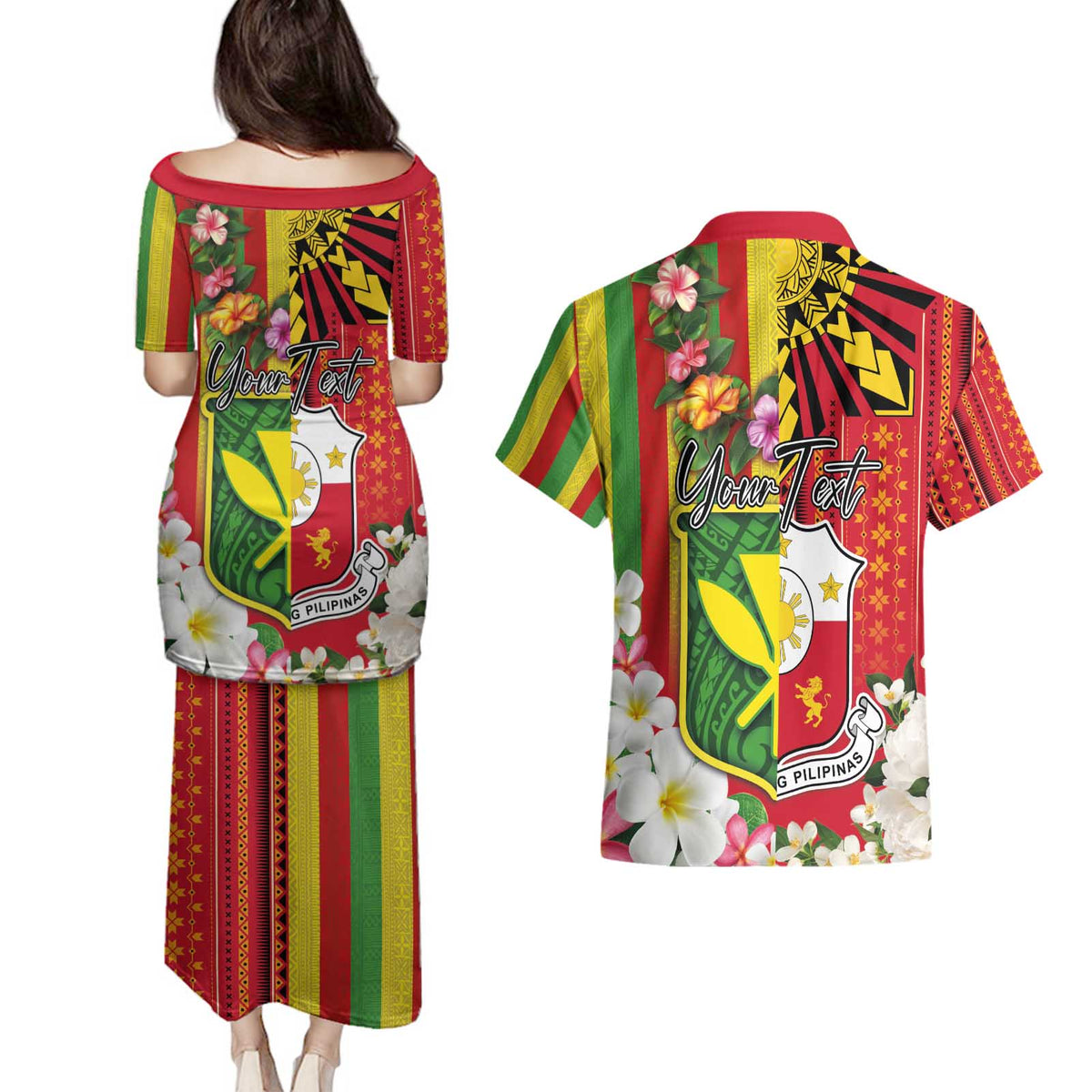 Personalised Hawaii and Philippines Together Couples Matching Puletasi and Hawaiian Shirt The Emblems with Cultural Symbols Green-Yellow-Red Tricolor LT03 - Polynesian Pride