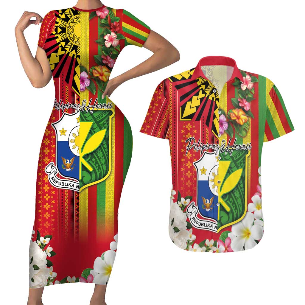 Personalised Hawaii and Philippines Together Couples Matching Short Sleeve Bodycon Dress and Hawaiian Shirt The Emblems with Cultural Symbols Green-Yellow-Red Tricolor LT03 Art - Polynesian Pride