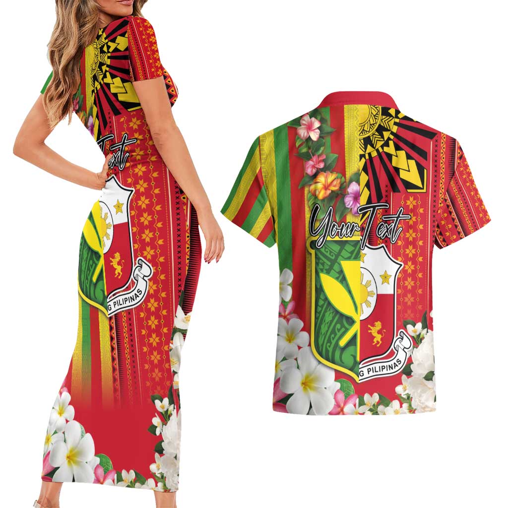 Personalised Hawaii and Philippines Together Couples Matching Short Sleeve Bodycon Dress and Hawaiian Shirt The Emblems with Cultural Symbols Green-Yellow-Red Tricolor LT03 - Polynesian Pride