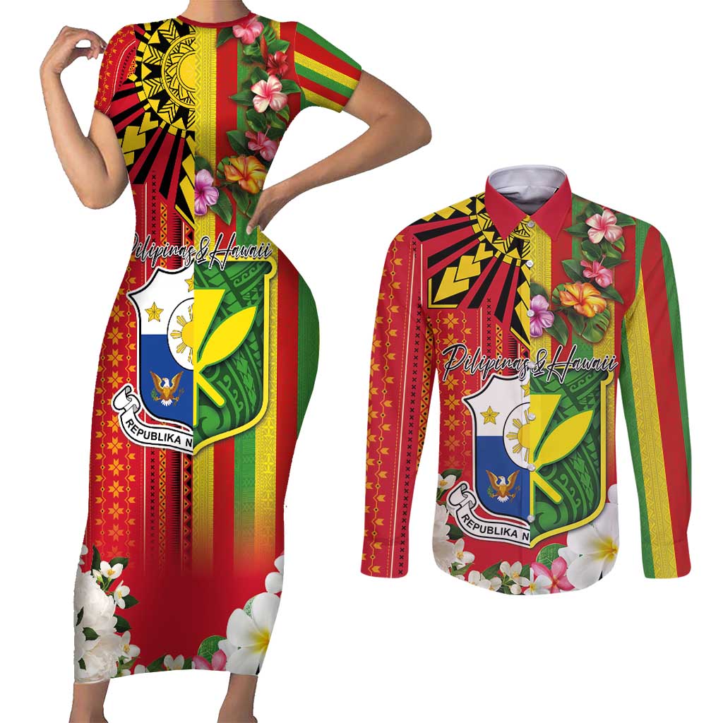 Personalised Hawaii and Philippines Together Couples Matching Short Sleeve Bodycon Dress and Long Sleeve Button Shirt The Emblems with Cultural Symbols Green-Yellow-Red Tricolor LT03 Art - Polynesian Pride