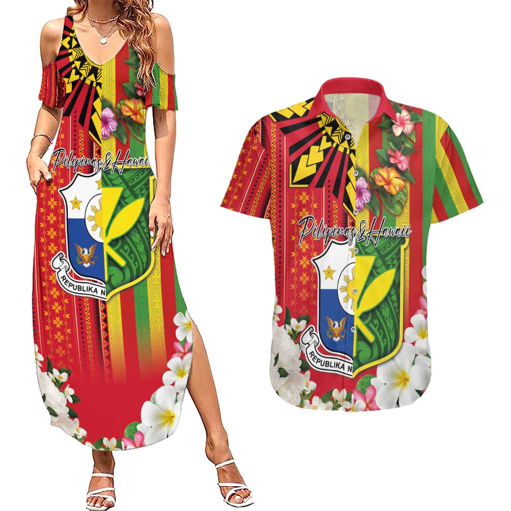 Personalised Hawaii and Philippines Together Couples Matching Summer Maxi Dress and Hawaiian Shirt The Emblems with Cultural Symbols Green-Yellow-Red Tricolor LT03 Art - Polynesian Pride