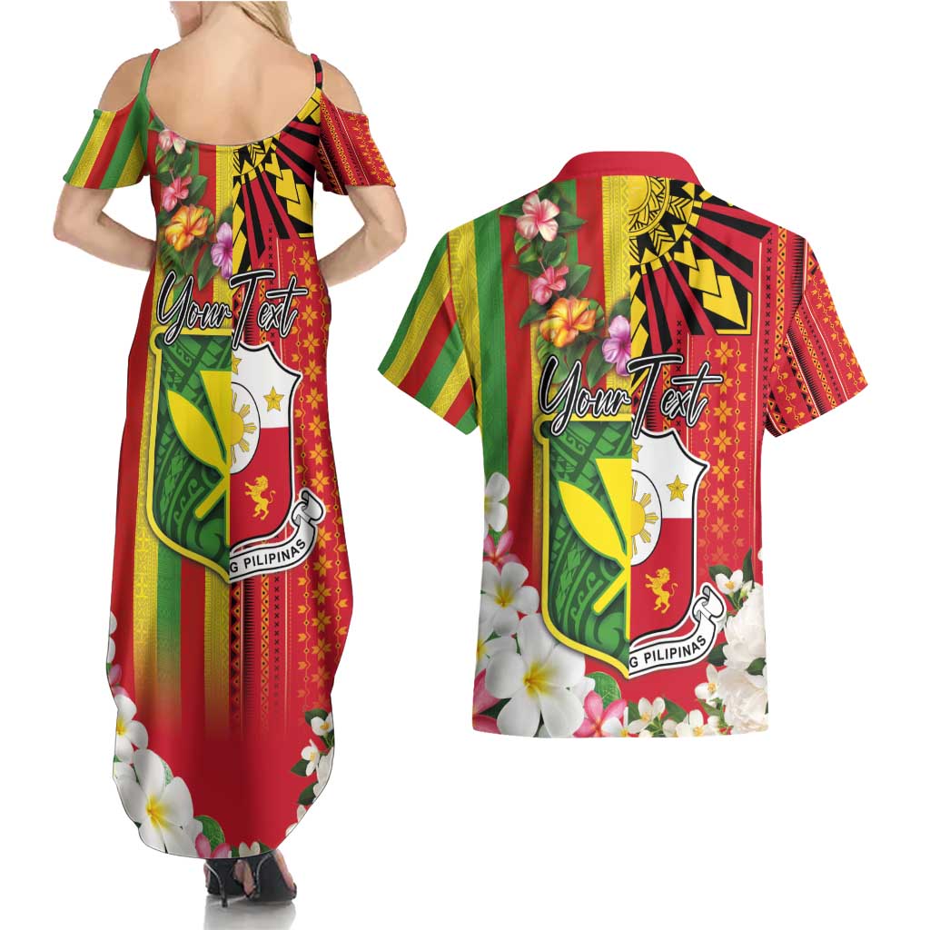 Personalised Hawaii and Philippines Together Couples Matching Summer Maxi Dress and Hawaiian Shirt The Emblems with Cultural Symbols Green-Yellow-Red Tricolor LT03 - Polynesian Pride