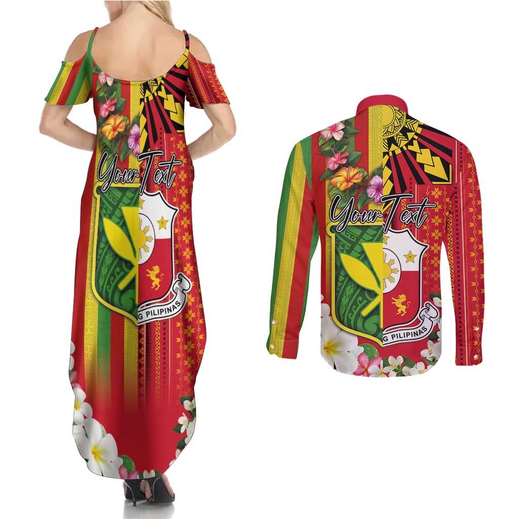Personalised Hawaii and Philippines Together Couples Matching Summer Maxi Dress and Long Sleeve Button Shirt The Emblems with Cultural Symbols Green-Yellow-Red Tricolor LT03 - Polynesian Pride