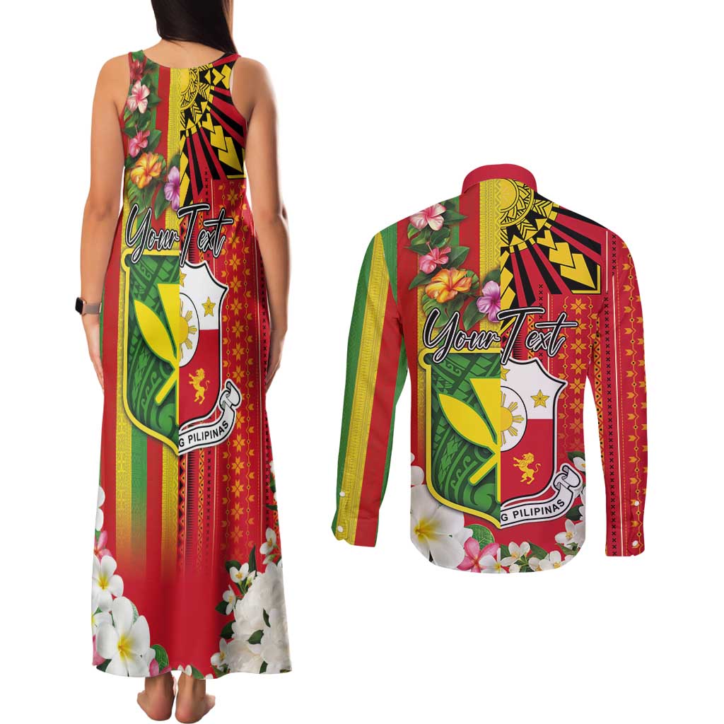 Personalised Hawaii and Philippines Together Couples Matching Tank Maxi Dress and Long Sleeve Button Shirt The Emblems with Cultural Symbols Green-Yellow-Red Tricolor LT03 - Polynesian Pride