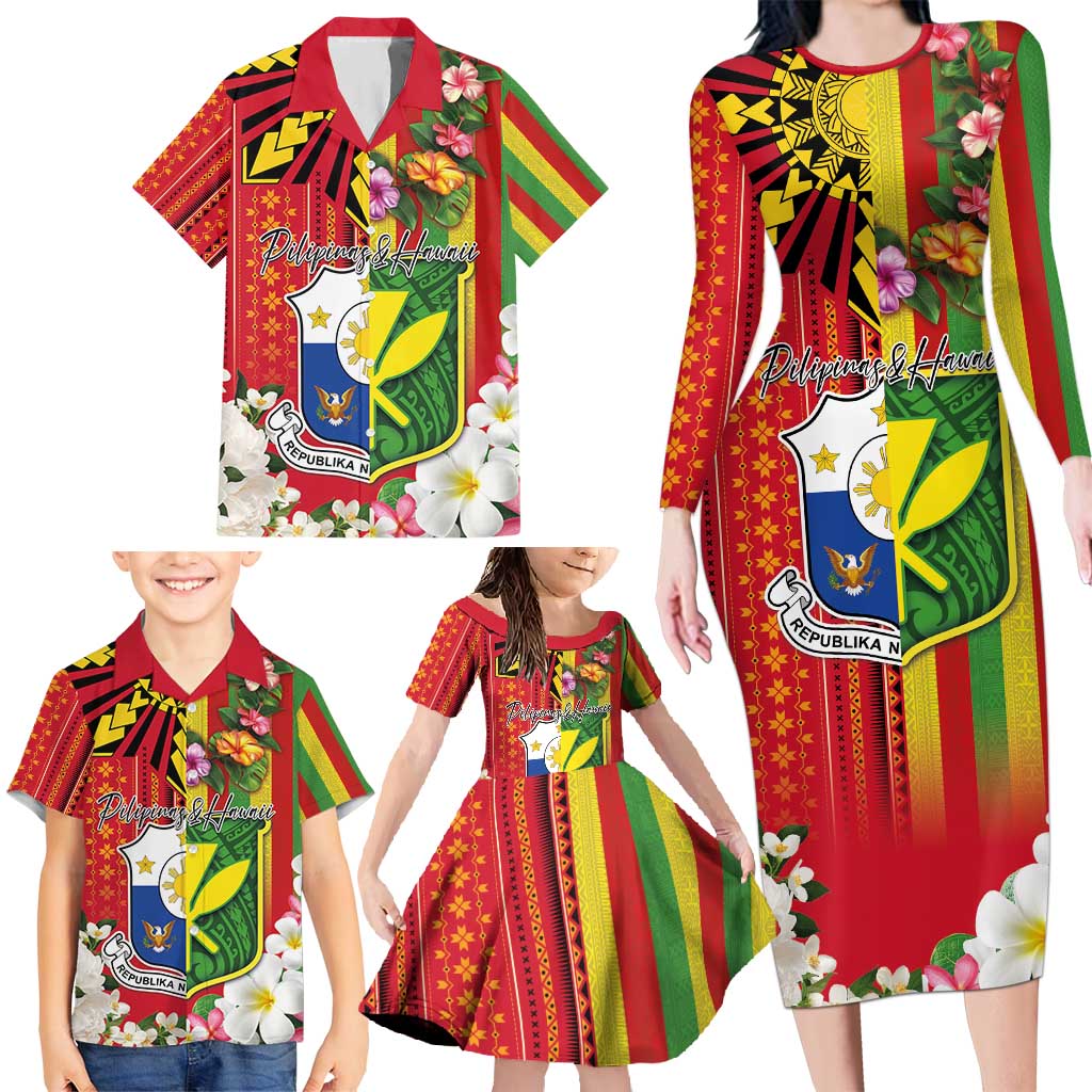 Personalised Hawaii and Philippines Together Family Matching Long Sleeve Bodycon Dress and Hawaiian Shirt The Emblems with Cultural Symbols Green-Yellow-Red Tricolor LT03 - Polynesian Pride