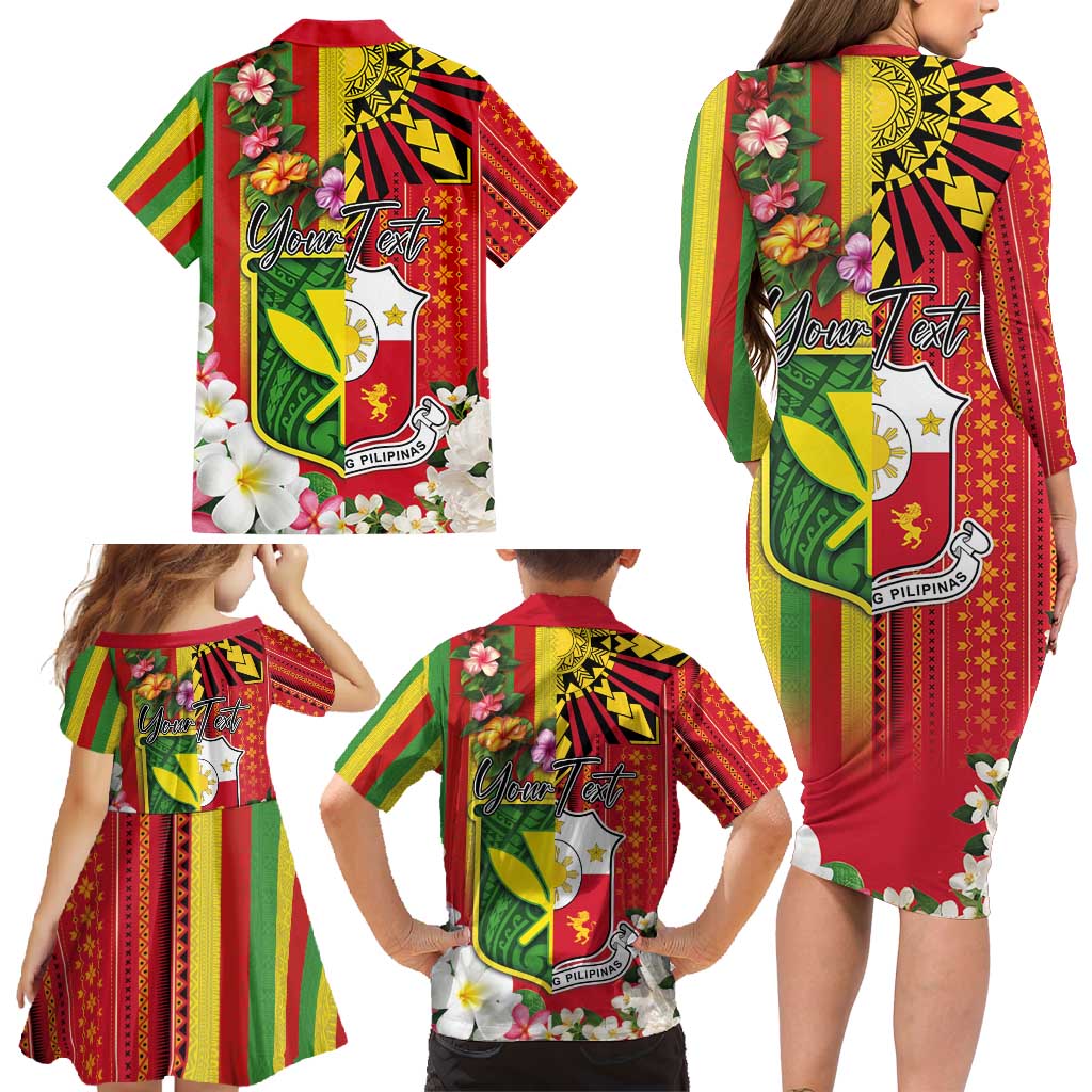 Personalised Hawaii and Philippines Together Family Matching Long Sleeve Bodycon Dress and Hawaiian Shirt The Emblems with Cultural Symbols Green-Yellow-Red Tricolor LT03 - Polynesian Pride