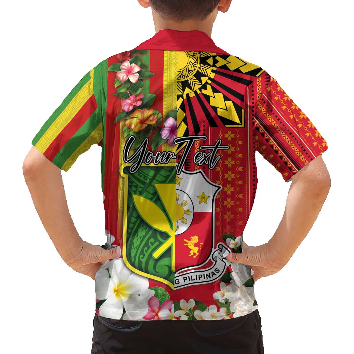 Personalised Hawaii and Philippines Together Family Matching Off The Shoulder Long Sleeve Dress and Hawaiian Shirt The Emblems with Cultural Symbols Green-Yellow-Red Tricolor LT03 - Polynesian Pride