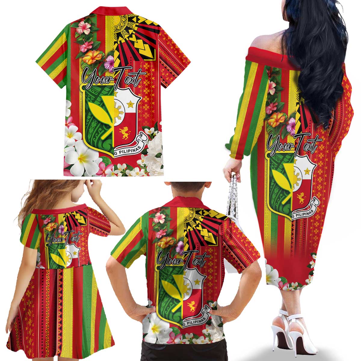 Personalised Hawaii and Philippines Together Family Matching Off The Shoulder Long Sleeve Dress and Hawaiian Shirt The Emblems with Cultural Symbols Green-Yellow-Red Tricolor LT03 - Polynesian Pride
