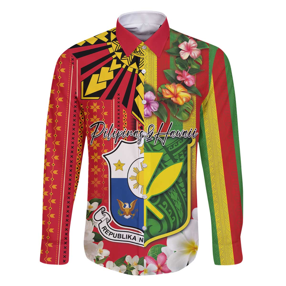 Personalised Hawaii and Philippines Together Family Matching Off The Shoulder Long Sleeve Dress and Hawaiian Shirt The Emblems with Cultural Symbols Green-Yellow-Red Tricolor LT03 Dad's Shirt - Long Sleeve Art - Polynesian Pride