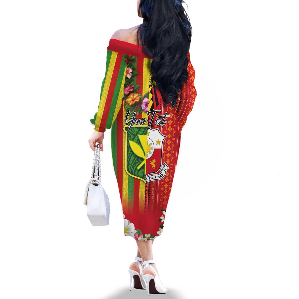 Personalised Hawaii and Philippines Together Family Matching Off The Shoulder Long Sleeve Dress and Hawaiian Shirt The Emblems with Cultural Symbols Green-Yellow-Red Tricolor LT03 - Polynesian Pride
