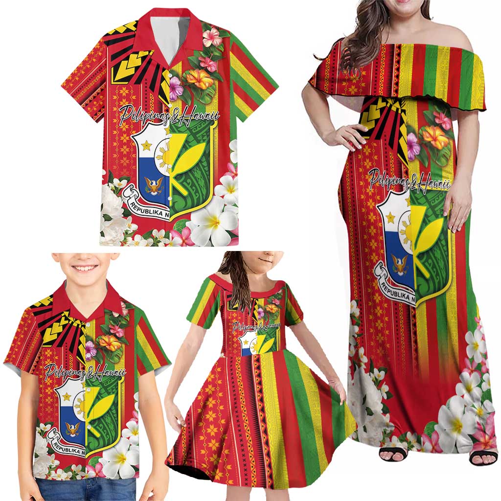 Personalised Hawaii and Philippines Together Family Matching Off Shoulder Maxi Dress and Hawaiian Shirt The Emblems with Cultural Symbols Green-Yellow-Red Tricolor LT03 - Polynesian Pride