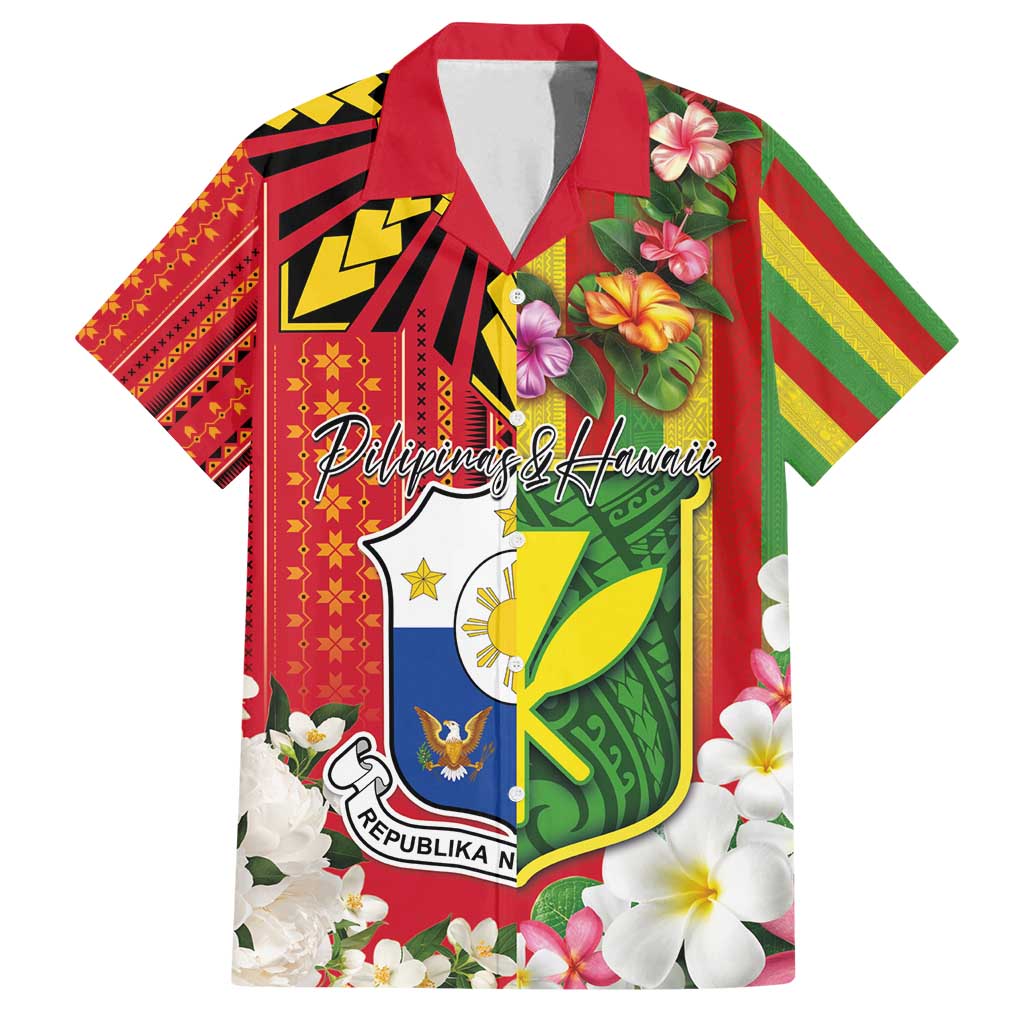Personalised Hawaii and Philippines Together Family Matching Off Shoulder Maxi Dress and Hawaiian Shirt The Emblems with Cultural Symbols Green-Yellow-Red Tricolor LT03 Dad's Shirt - Short Sleeve Art - Polynesian Pride