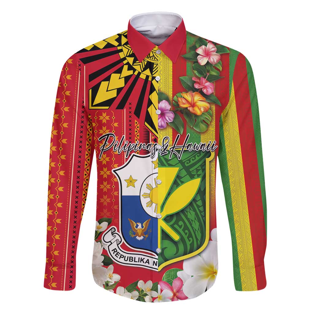 Personalised Hawaii and Philippines Together Family Matching Off Shoulder Maxi Dress and Hawaiian Shirt The Emblems with Cultural Symbols Green-Yellow-Red Tricolor LT03 Dad's Shirt - Long Sleeve Art - Polynesian Pride