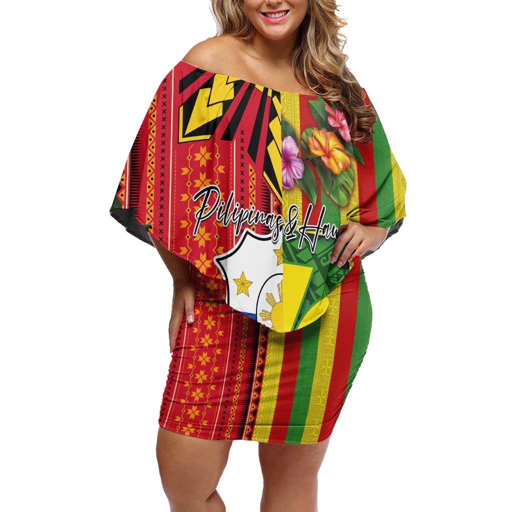 Personalised Hawaii and Philippines Together Family Matching Off Shoulder Short Dress and Hawaiian Shirt The Emblems with Cultural Symbols Green-Yellow-Red Tricolor LT03 Mom's Dress Art - Polynesian Pride