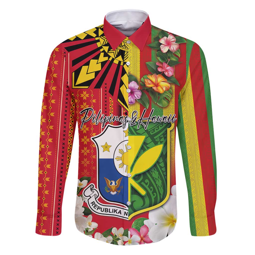Personalised Hawaii and Philippines Together Family Matching Puletasi and Hawaiian Shirt The Emblems with Cultural Symbols Green-Yellow-Red Tricolor LT03 Dad's Shirt - Long Sleeve Art - Polynesian Pride