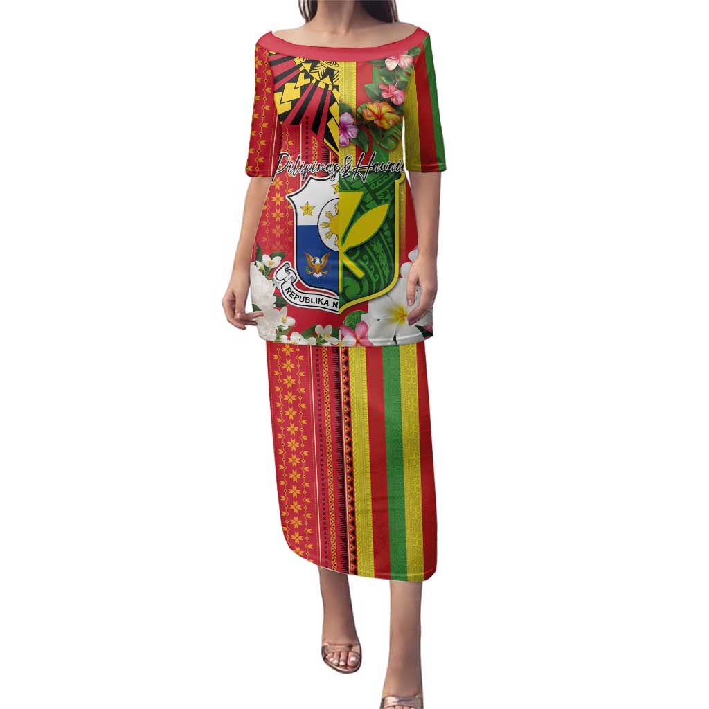 Personalised Hawaii and Philippines Together Family Matching Puletasi and Hawaiian Shirt The Emblems with Cultural Symbols Green-Yellow-Red Tricolor LT03 Mom's Dress Art - Polynesian Pride