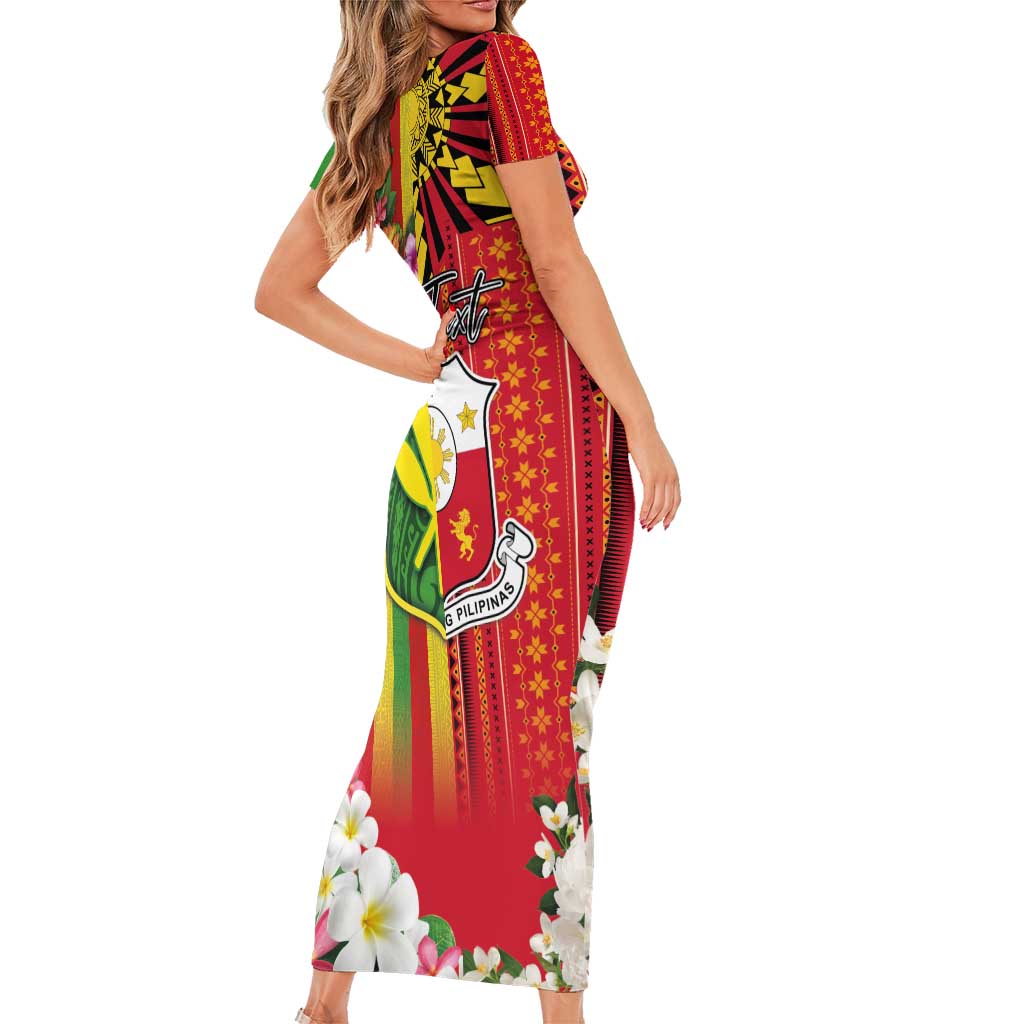 Personalised Hawaii and Philippines Together Family Matching Short Sleeve Bodycon Dress and Hawaiian Shirt The Emblems with Cultural Symbols Green-Yellow-Red Tricolor LT03 - Polynesian Pride