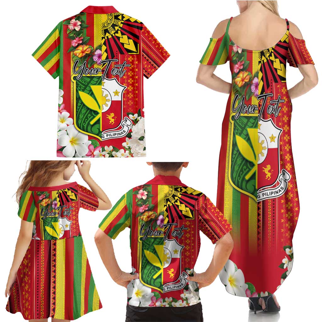 Personalised Hawaii and Philippines Together Family Matching Summer Maxi Dress and Hawaiian Shirt The Emblems with Cultural Symbols Green-Yellow-Red Tricolor LT03 - Polynesian Pride