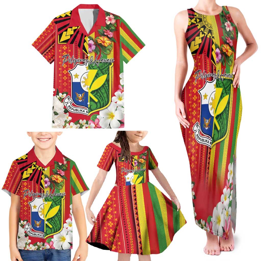 Personalised Hawaii and Philippines Together Family Matching Tank Maxi Dress and Hawaiian Shirt The Emblems with Cultural Symbols Green-Yellow-Red Tricolor LT03 - Polynesian Pride