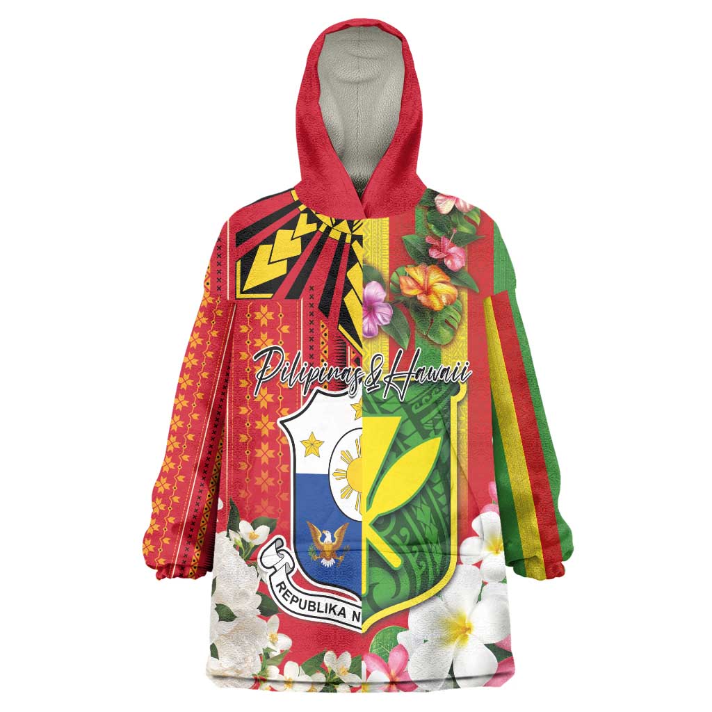 Personalised Hawaii and Philippines Together Wearable Blanket Hoodie The Emblems with Cultural Symbols Green-Yellow-Red Tricolor LT03 One Size Art - Polynesian Pride
